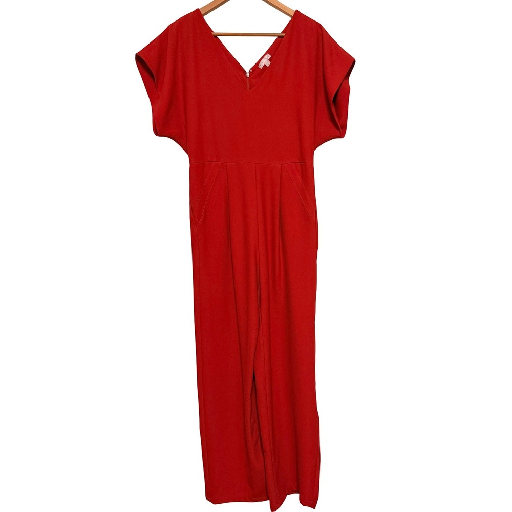 Leith Jumpsuit Women S Red V-Neck Short Sleeve Crepe Culotte Wide Leg Party